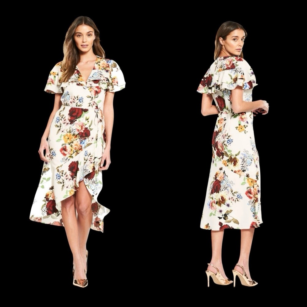 NWT River Island Floral Wrap Dress US Size 2 Ivory/Multicolor Ruffles‎ Garden